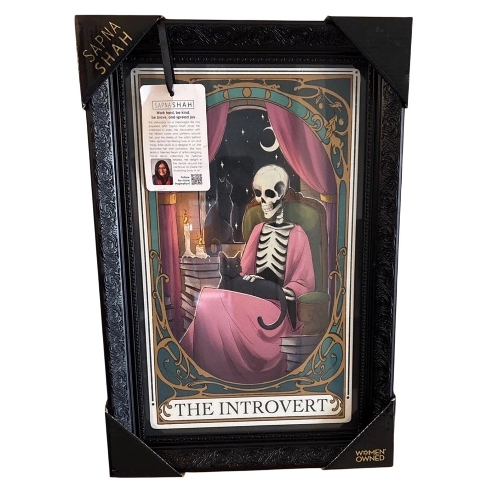 Sapna Shah The Introvert Framed Wall Art Skeleton Black Cat Tarot Gothic Decor